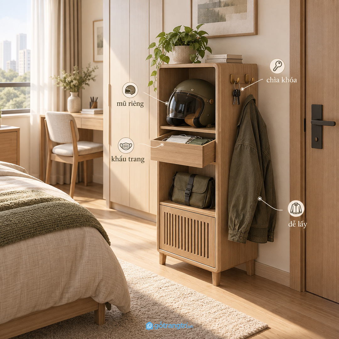 Tủ mũ bảo hiểm phòng ngủ nhỏ giúp đồ đi đường có chỗ riêng và góc thay đồ sạch hơn