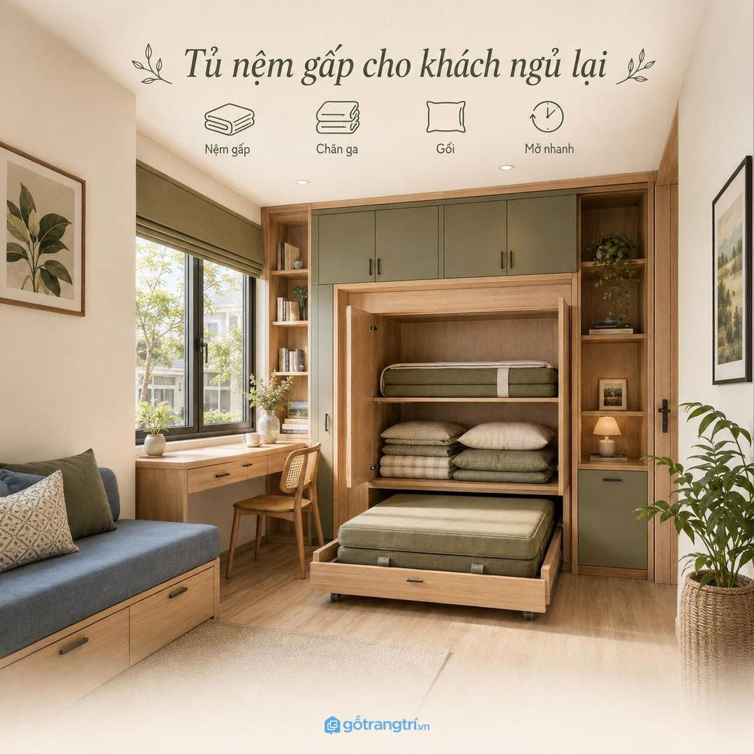 Tủ nệm gấp cho khách ngủ lại giúp gom nệm chăn ga gối dự phòng trong một khoang sạch