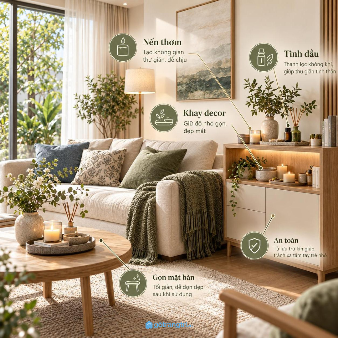Tủ nến thơm và tinh dầu phòng khách nhỏ gom lọ hương, nến và khay decor gọn trong một góc thư giãn