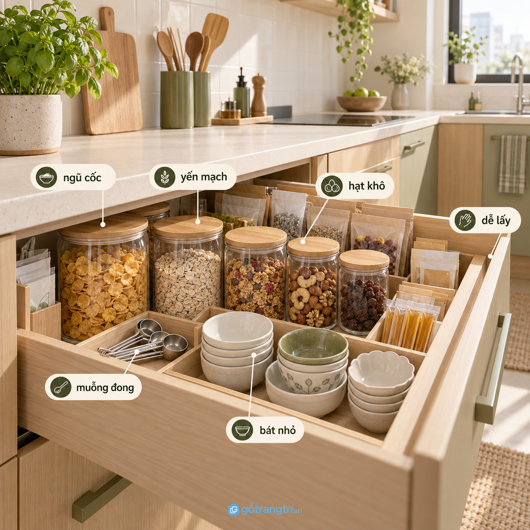 Tủ ngũ cốc yến mạch giúp gom đồ ăn sáng khô vào một điểm rõ ràng