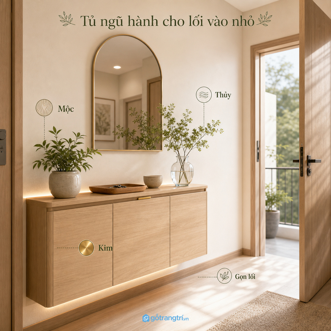 Tủ ngũ hành phong thủy cho lối vào nhỏ giúp gọn vật phẩm, sạch kệ và nhà vẫn thoáng