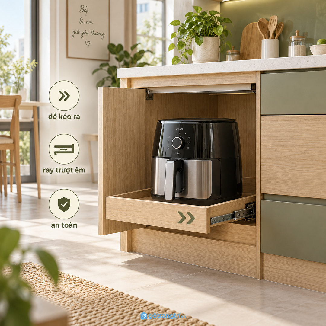 Tủ nồi chiên không dầu cho bếp nhỏ giúp máy có chỗ cất riêng, thoáng nhiệt và giữ mặt bàn sạch