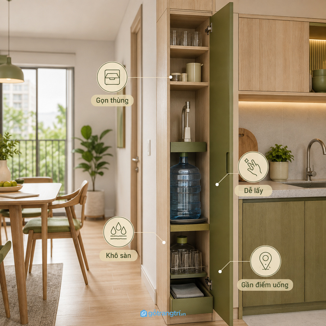 Tủ nước uống dự phòng giúp thùng nước bình nước và ly cốc có một điểm cất gọn trong căn hộ nhỏ
