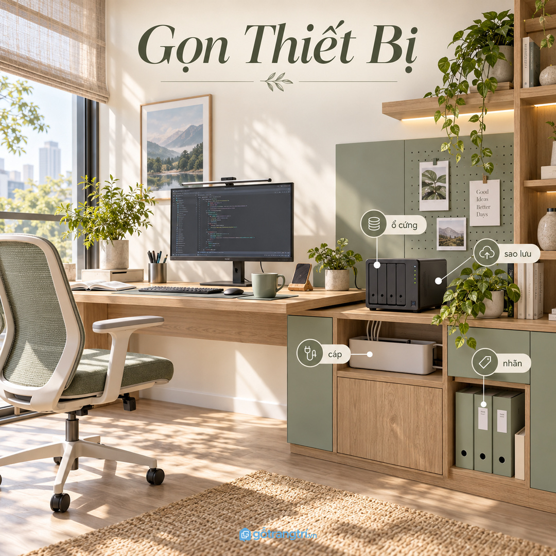 Tủ ổ cứng dữ liệu văn phòng nhỏ giúp gom thiết bị cáp và lịch sao lưu gọn sạch