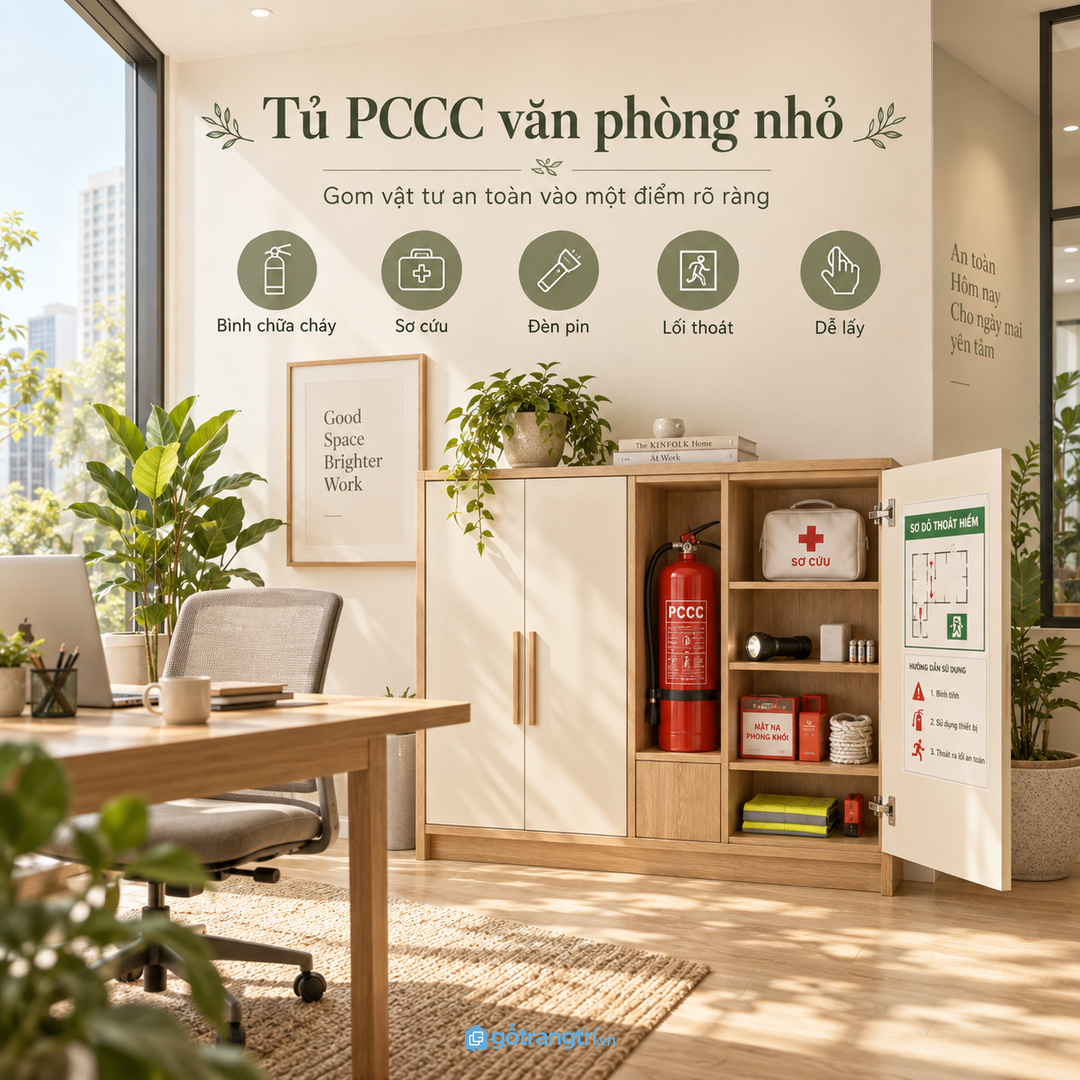 Tủ PCCC văn phòng nhỏ gom bình chữa cháy sơ cứu đèn pin và vật tư an toàn vào một điểm rõ ràng