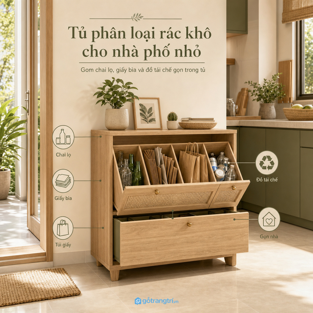 Tủ pin cũ và rác tái chế khô giúp nhà phố gom đồ nguy hại và đồ khô đúng chỗ