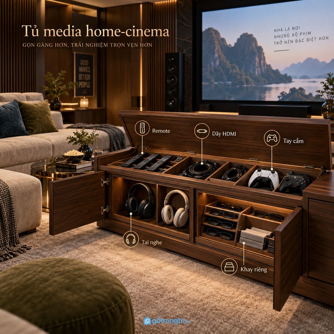 Tủ phụ kiện phòng phim biệt thự gom remote dây HDMI tay cầm tai nghe và kính 3D vào một điểm gọn sạch