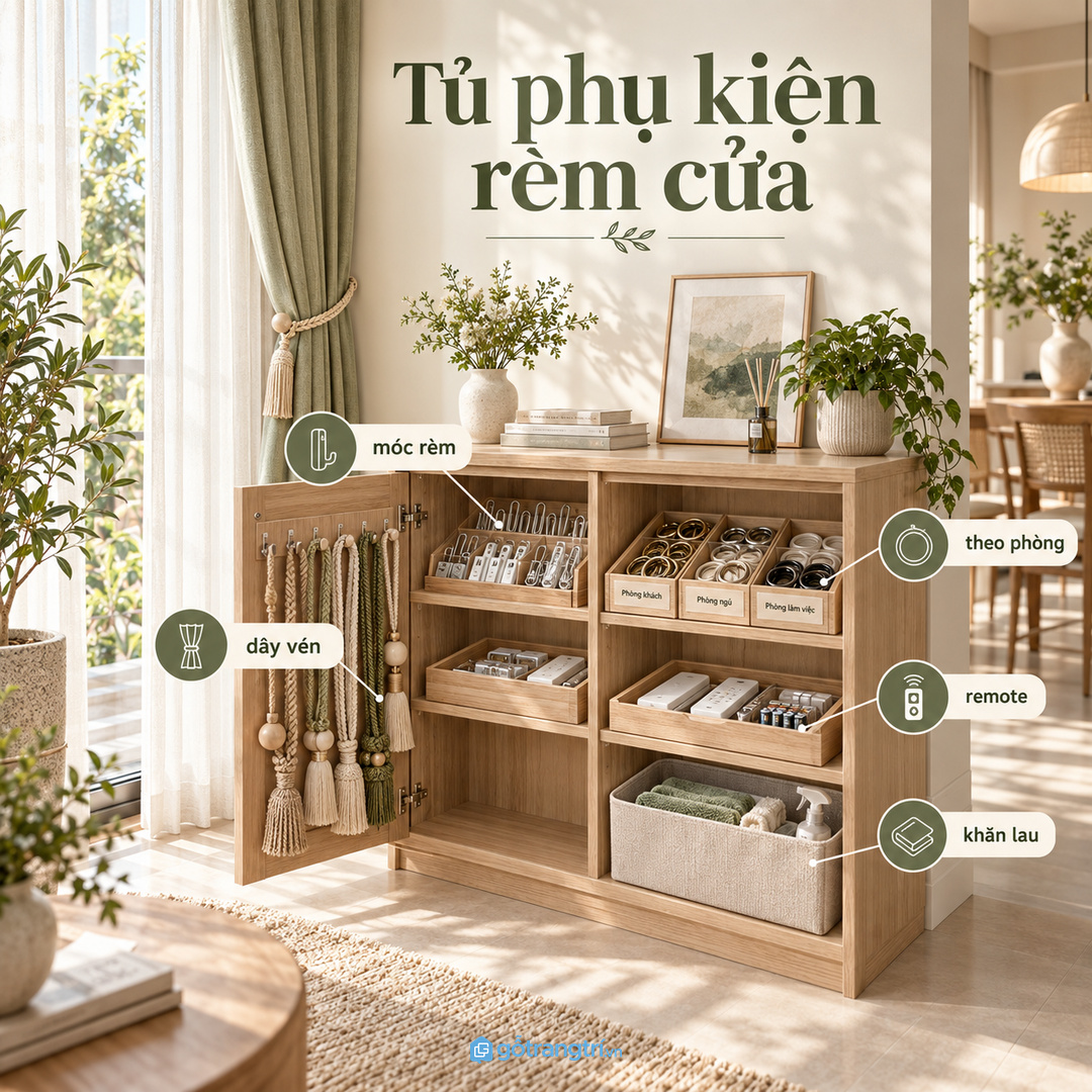 Tủ phụ kiện rèm cửa cho nhà phố nhỏ gom móc rèm dây vén khoen và remote về một điểm gọn