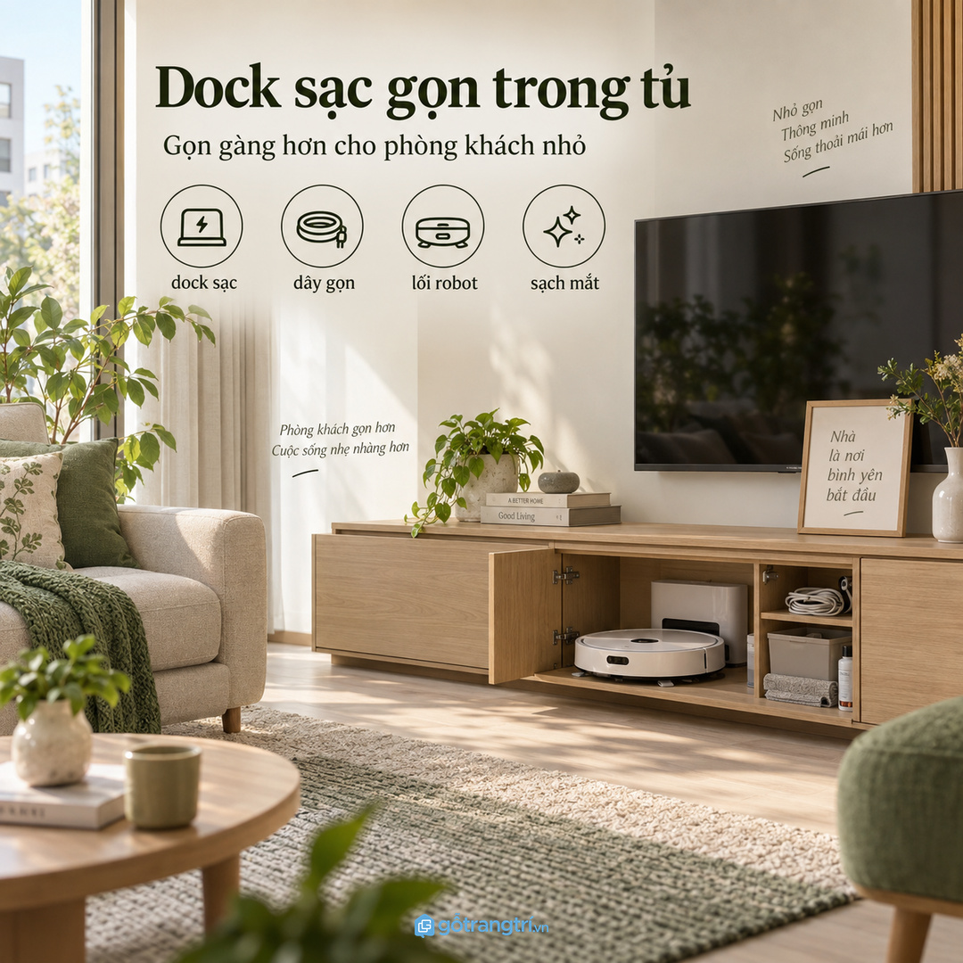 Tủ robot hút bụi phòng khách nhỏ giấu dock sạc dây điện và phụ kiện vào một khoang thấp gọn sạch