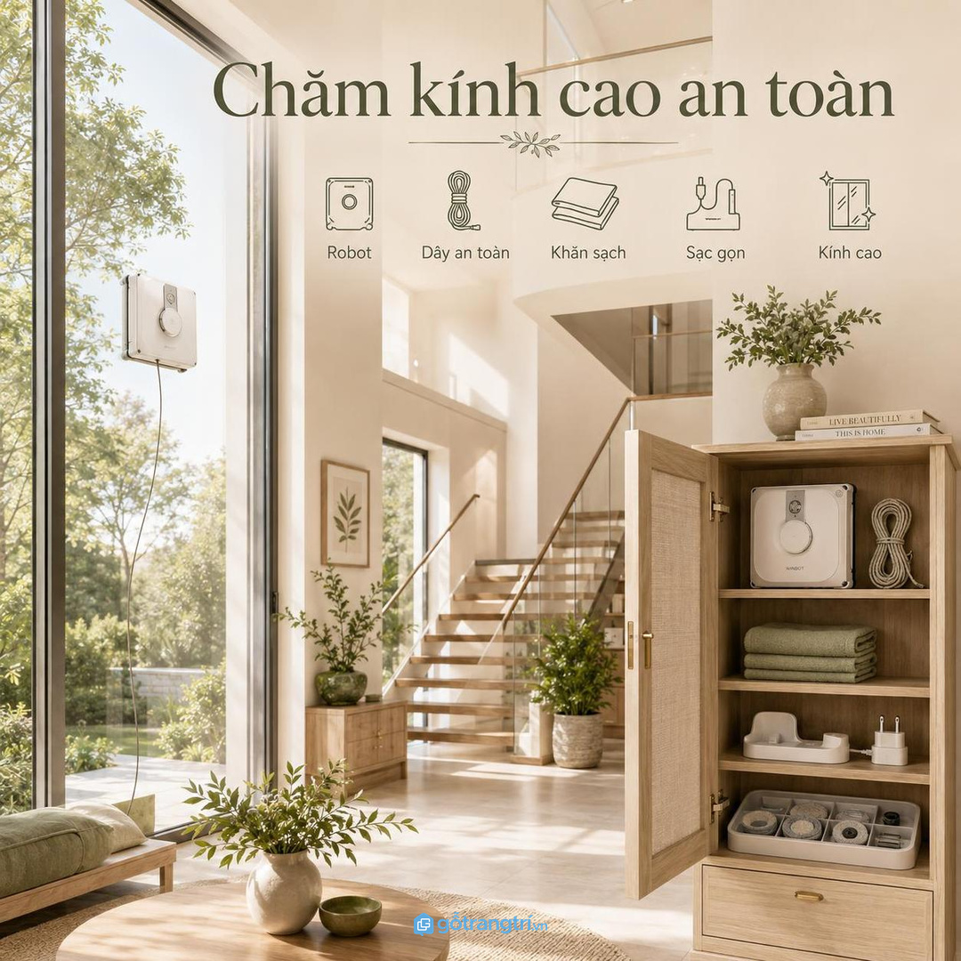 Chăm kính cao an toàn hơn khi robot lau kính và phụ kiện có tủ riêng