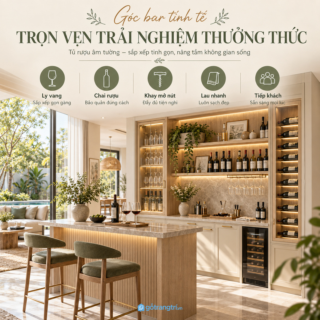 Tủ rượu âm tường biệt thự gom ly vang chai rượu dụng cụ mở nút và khay phục vụ vào một điểm gọn sang