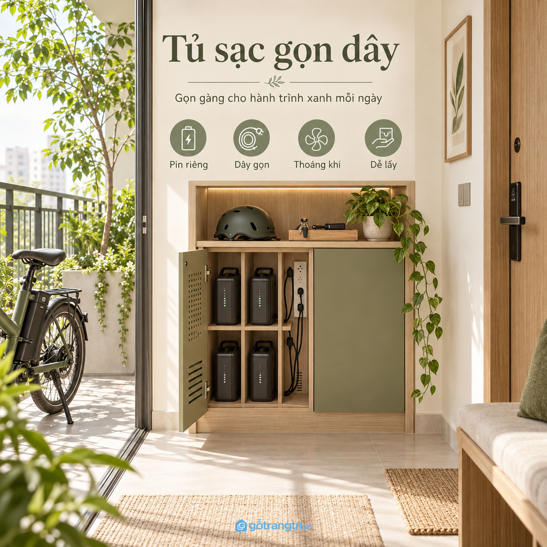 Tủ sạc xe đạp điện cho chung cư nhỏ gom pin dây sạc và phụ kiện vào một khoang gọn