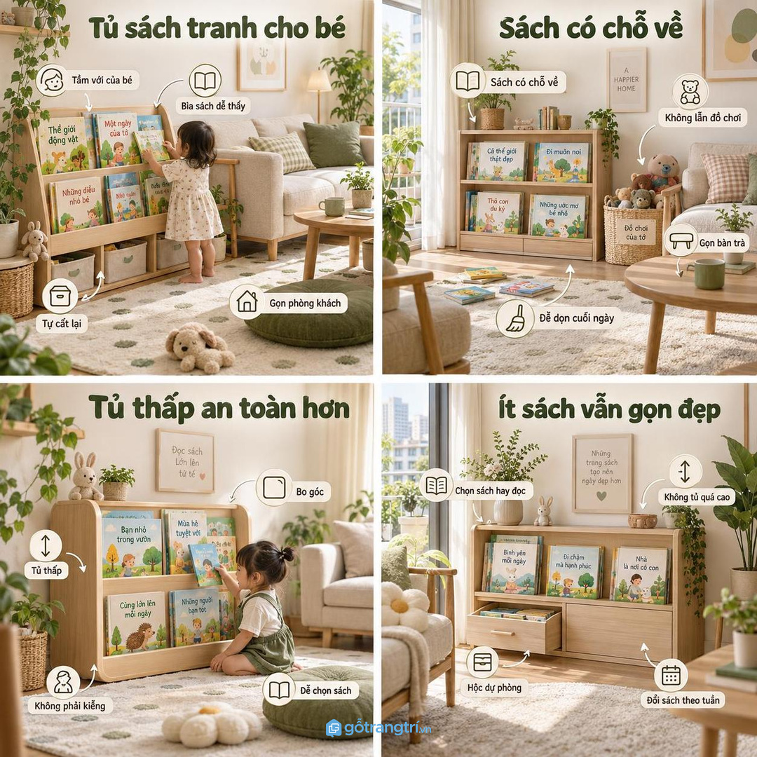Tủ sách tranh cho bé trong chung cư nhỏ giúp con tự lấy sách và tự cất lại