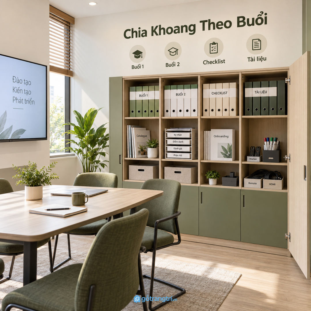Tủ tài liệu đào tạo cho văn phòng nhỏ gom giáo trình checklist bút bảng và dây trình chiếu vào một điểm