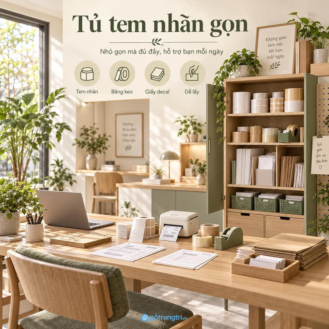 Tủ tem nhãn đóng gói giúp văn phòng bán hàng nhỏ gọn đơn và sạch bàn