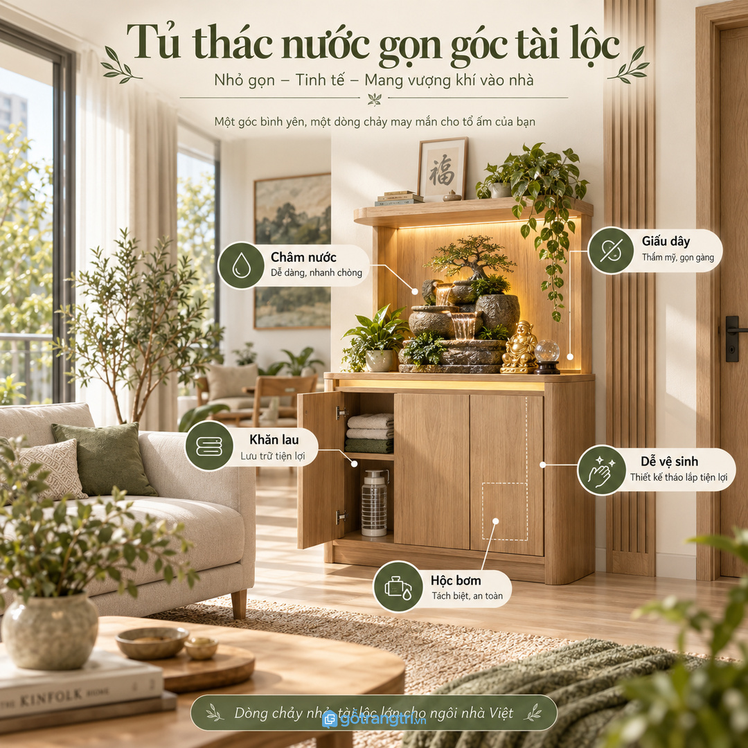Tủ thác nước phong thủy phòng khách nhỏ giúp bày đẹp giấu kỹ thuật và cất đồ chăm sóc gọn sạch