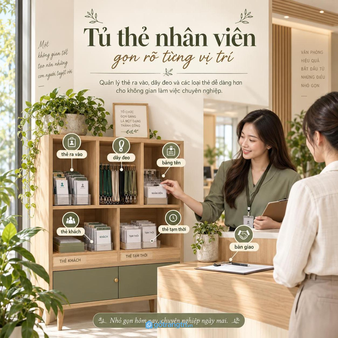 Tủ thẻ nhân viên văn phòng nhỏ giúp thẻ ra vào dây đeo bảng tên và thẻ khách có chỗ cất rõ