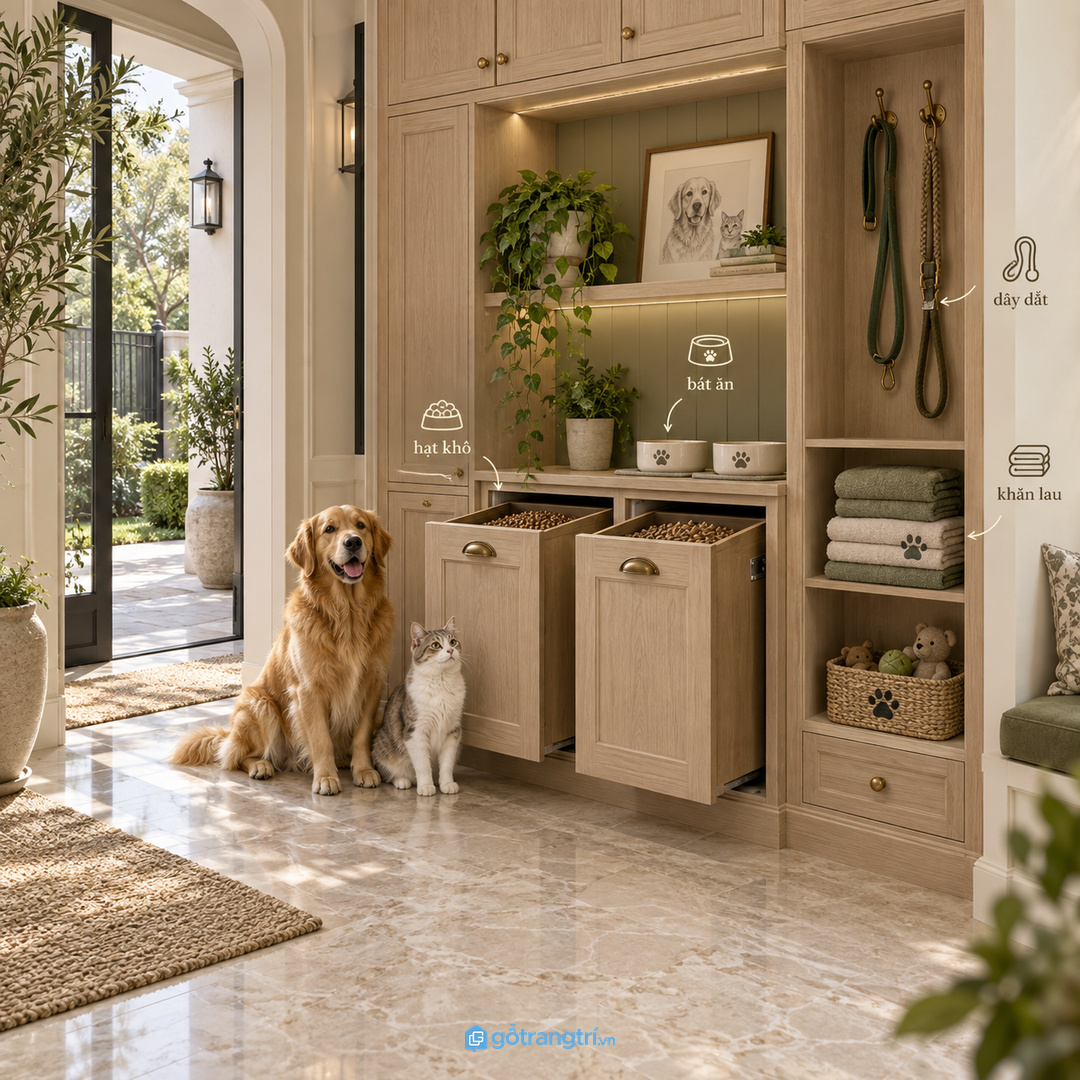 Tủ thức ăn thú cưng biệt thự gom hạt bát dây dắt và đồ chăm sóc vào một điểm gọn sạch