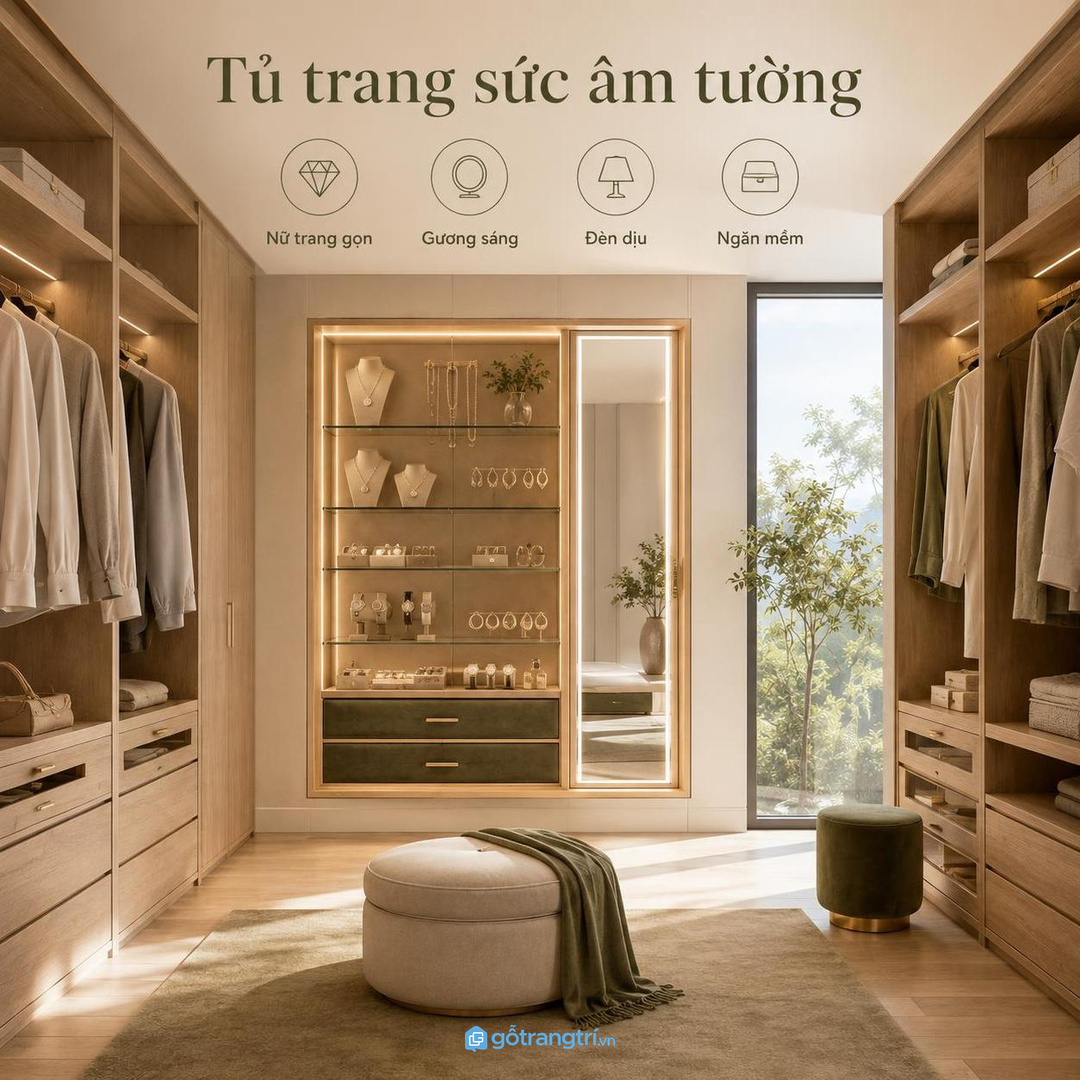 Tủ trang sức âm tường phòng thay đồ biệt thự giúp nữ trang gọn, sáng gương và dễ chọn đồ