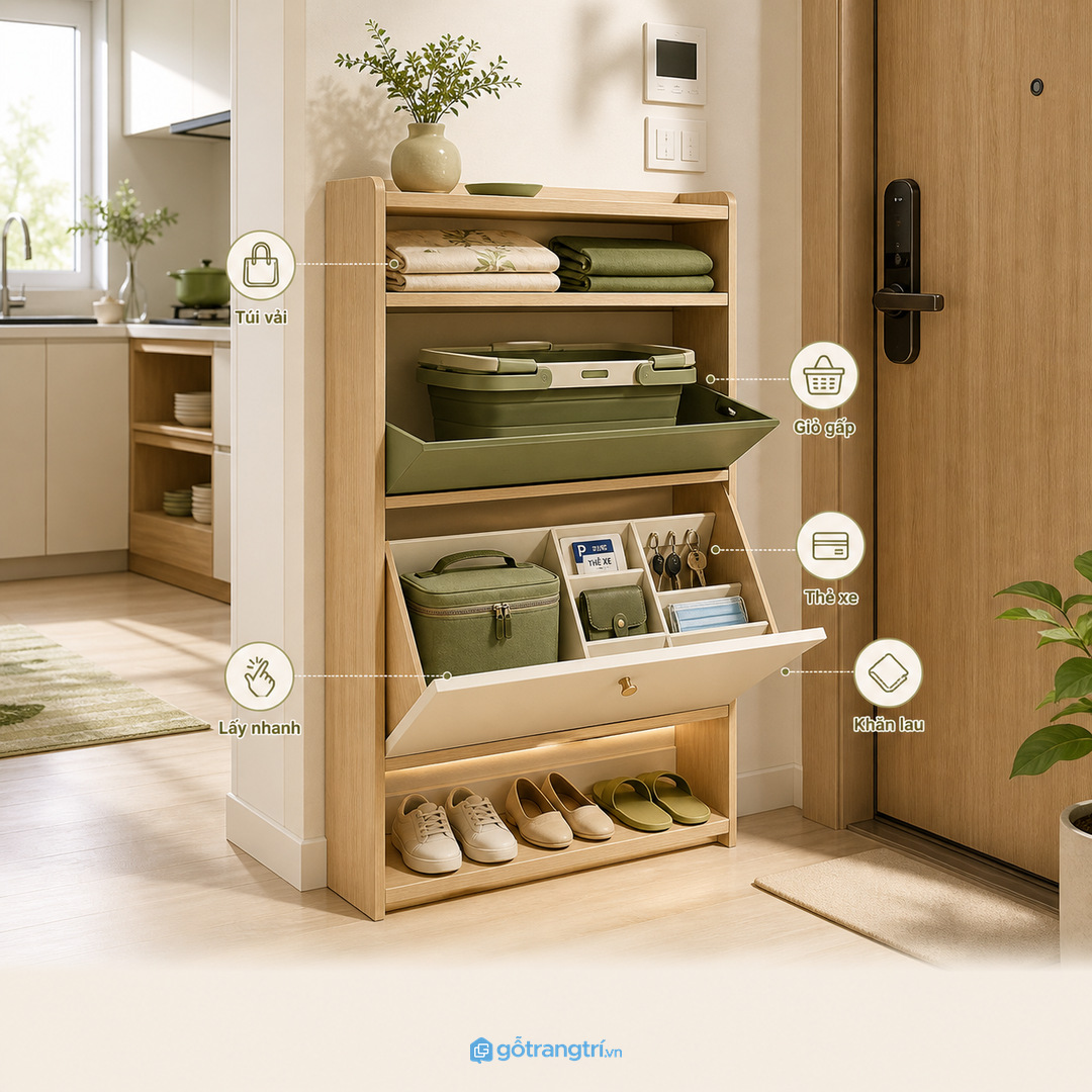Tủ túi đi chợ giúp gom túi vải, giỏ gấp, thẻ xe và đồ ra ngoài trong một điểm gọn