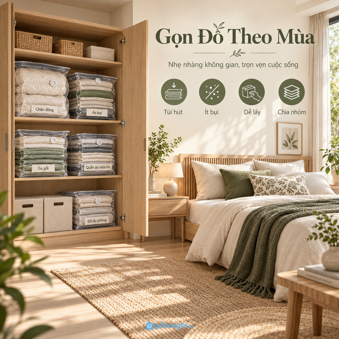 Tủ túi hút chân không cho phòng ngủ nhỏ gom chăn áo mùa vào một khoang gọn sạch dễ lấy
