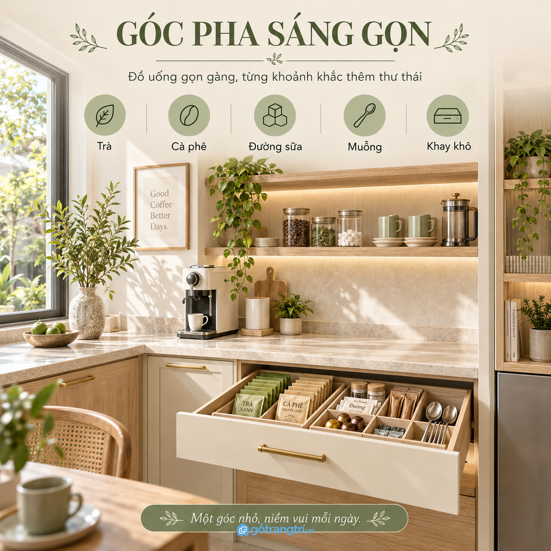 Tủ túi trà cà phê giúp gom trà, cà phê, đường sữa, muỗng và khay khô vào một góc pha sáng gọn
