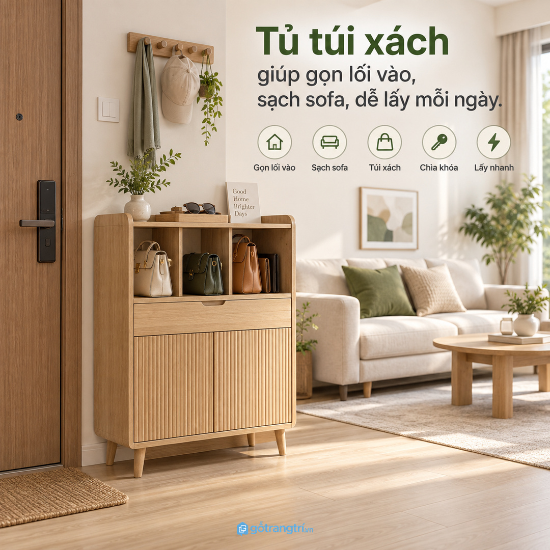 Tủ túi xách phòng khách nhỏ giúp gọn lối vào sạch sofa và dễ lấy mỗi ngày
