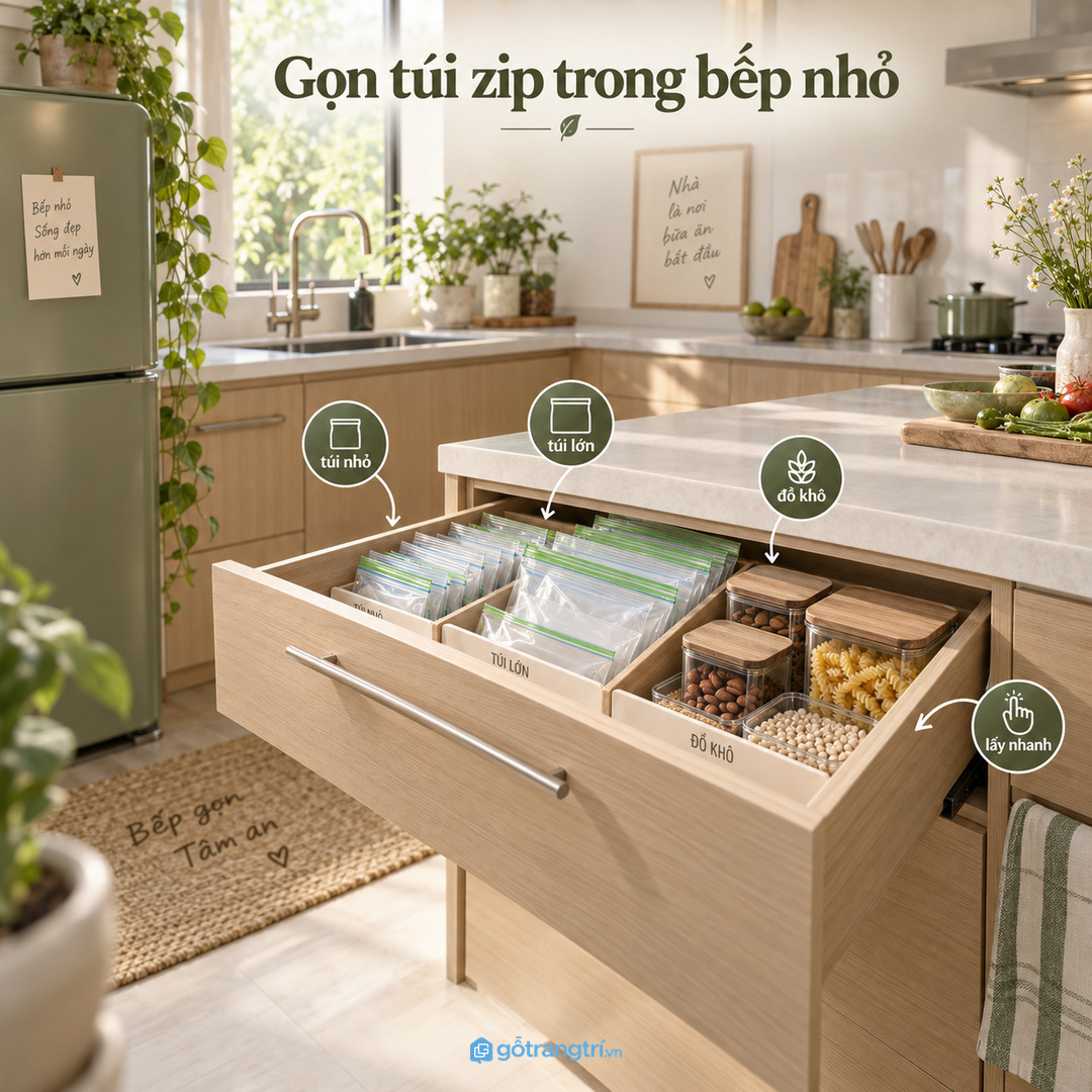 Tủ túi zip thực phẩm giúp ngăn kéo gọn và dễ lấy khi nấu