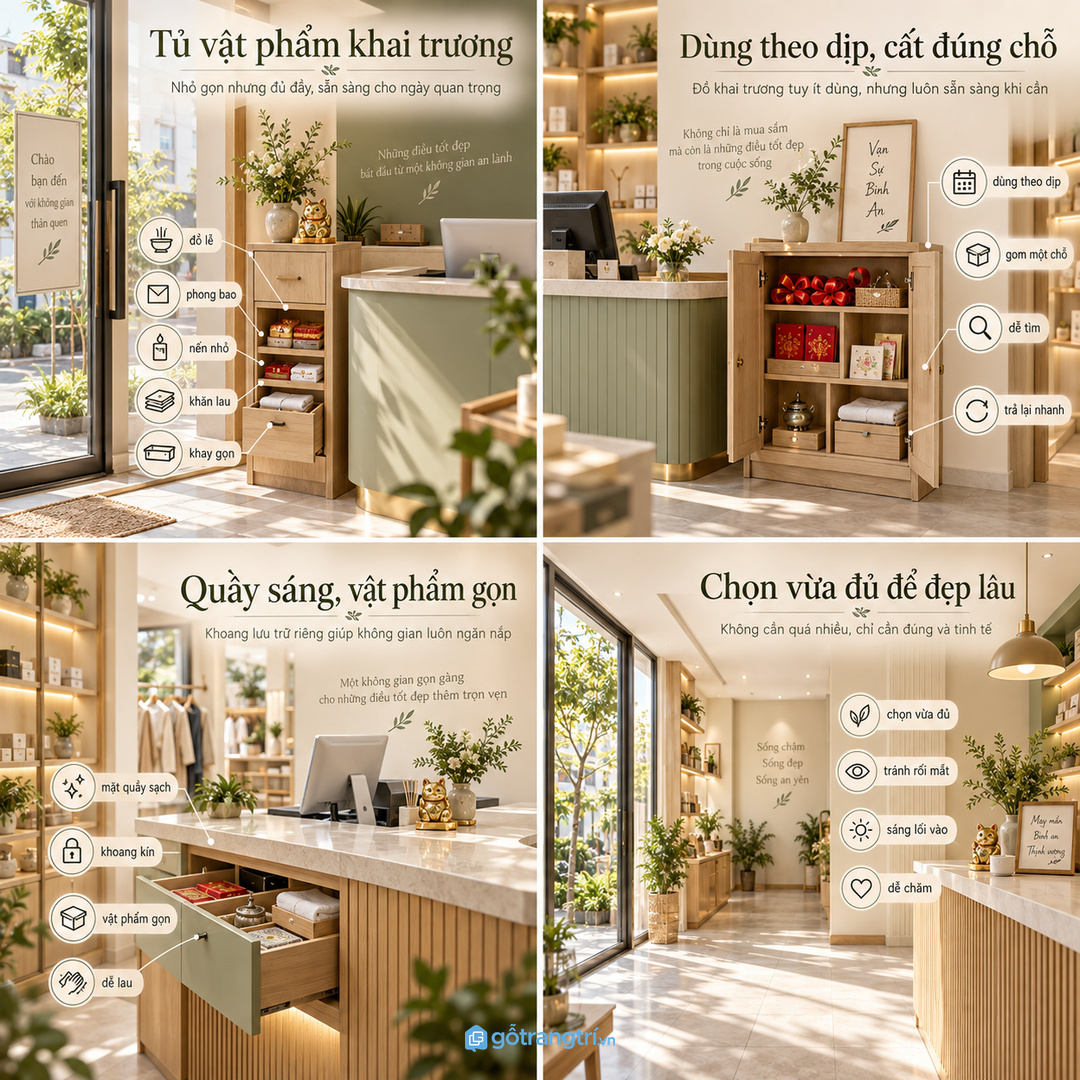 Tủ vật phẩm khai trương phong thủy cho shop nhỏ gom đồ lễ phong bao khay nến và khăn lau vào một điểm gọn sáng