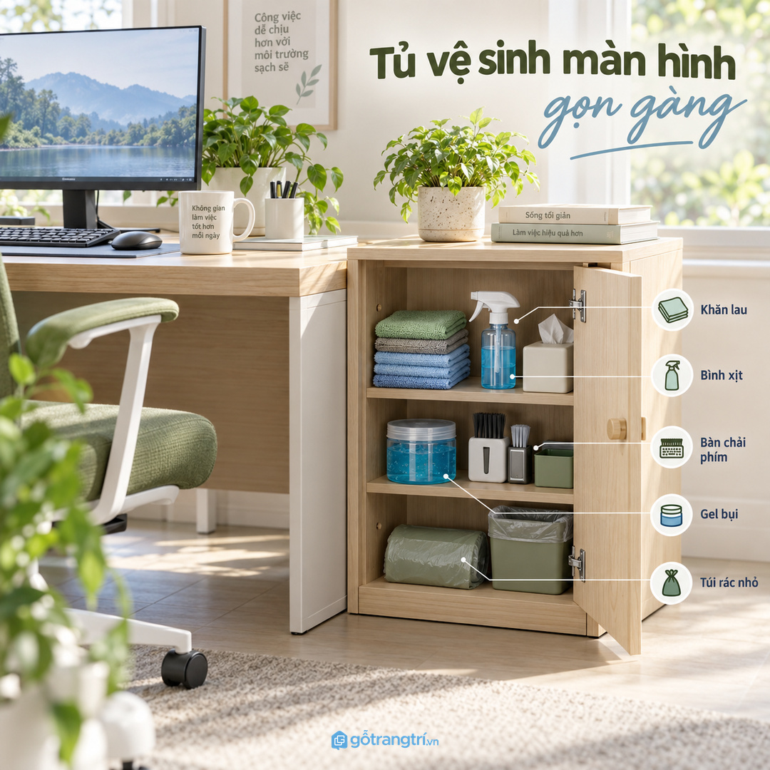 Tủ dụng cụ vệ sinh màn hình văn phòng nhỏ gom khăn lau bình xịt bàn chải bàn phím gel bụi và túi rác vào một điểm gọn