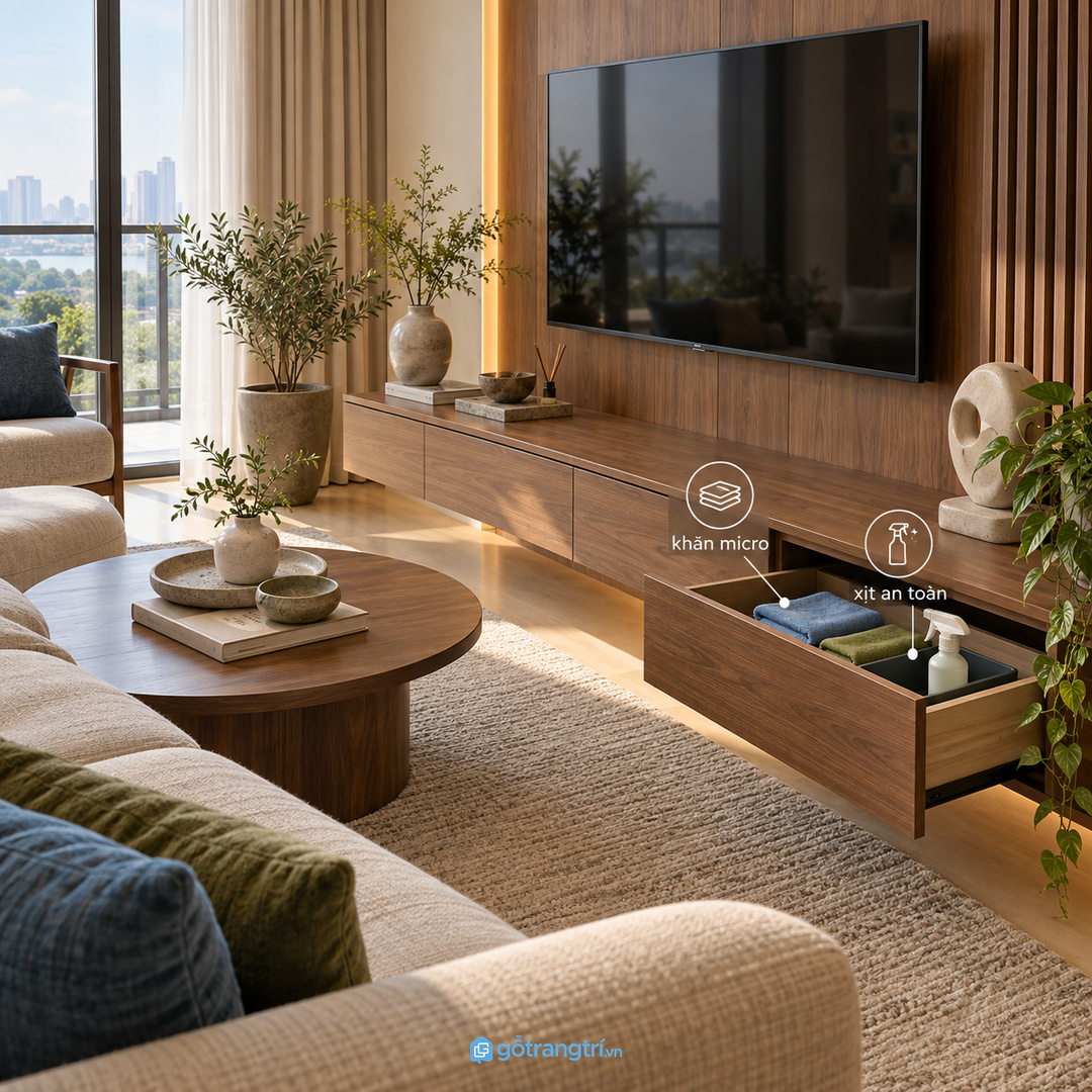 Tủ vệ sinh tivi phòng khách nhỏ giúp khăn micro, chai xịt an toàn và đồ lau màn hình có chỗ cất gọn