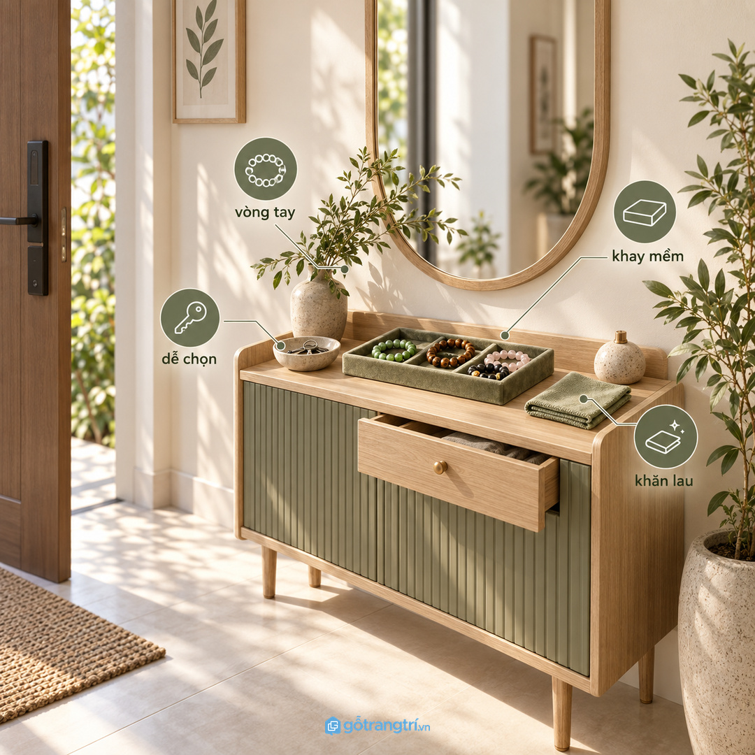 Tủ vòng tay phong thủy cho lối vào nhỏ giúp gọn trang sức sạch bụi và dễ chọn trước khi ra ngoài