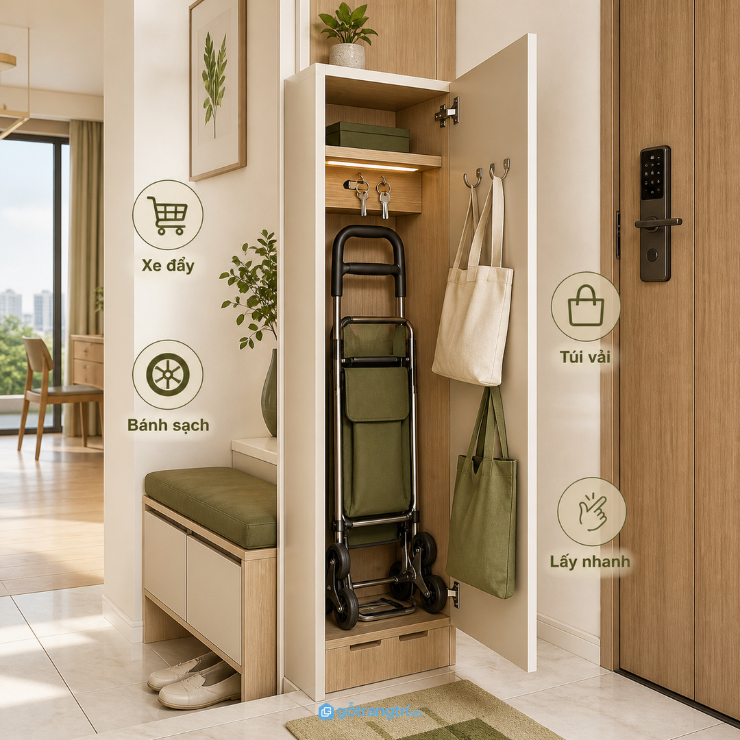Tủ xe đẩy đi chợ giúp lối vào chung cư gọn bánh xe, sạch túi và lấy nhanh hơn