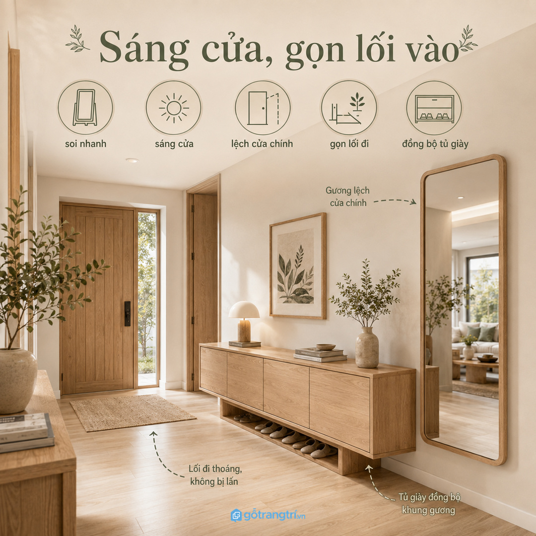 Vách gương phong thủy lối vào nhỏ giúp soi nhanh, sáng cửa và giữ lối đi gọn