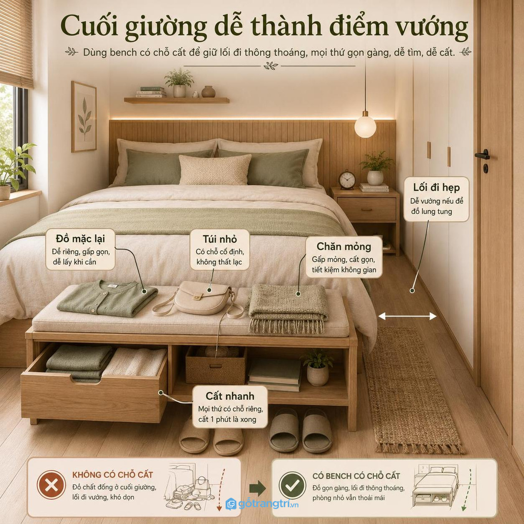 Cuối giường rất dễ thành điểm vướng nếu thiếu ghế hoặc hộc cất đồ đúng kích thước