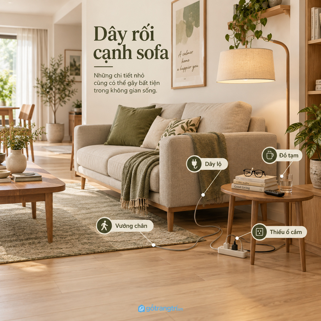 Đèn cây đặt rời dễ làm góc sofa rối dây và vướng lối đi