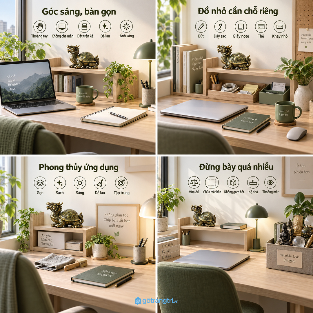Bàn làm việc sáng và gọn giúp vật phẩm Long Quy không lấn chỗ thao tác