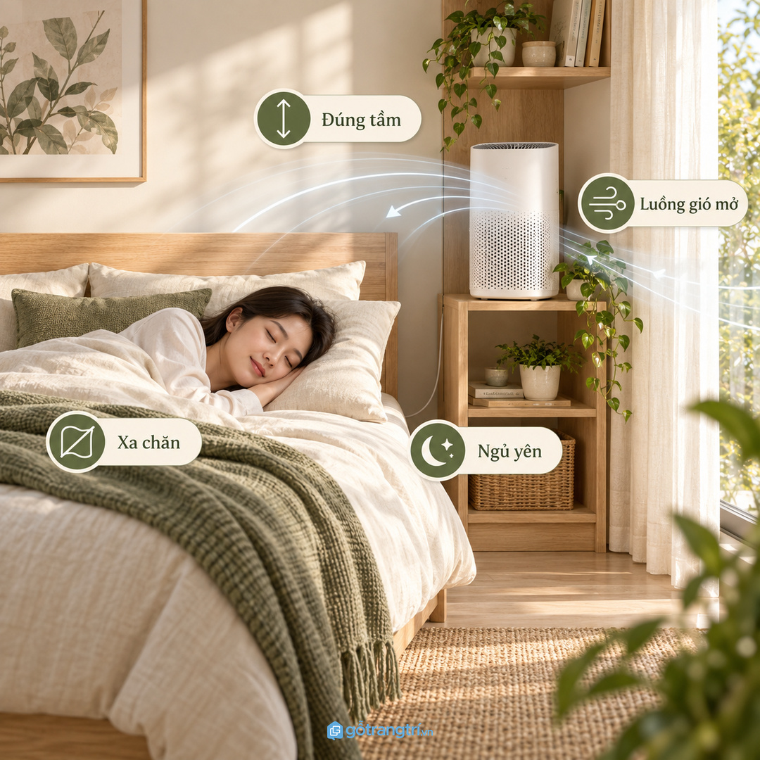 Máy đặt tạm dưới sàn dễ vướng lối rối dây và khó lau quanh giường