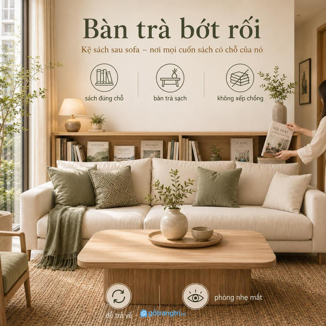 Sách tạp chí và điều khiển nằm trên bàn trà làm phòng khách nhanh rối