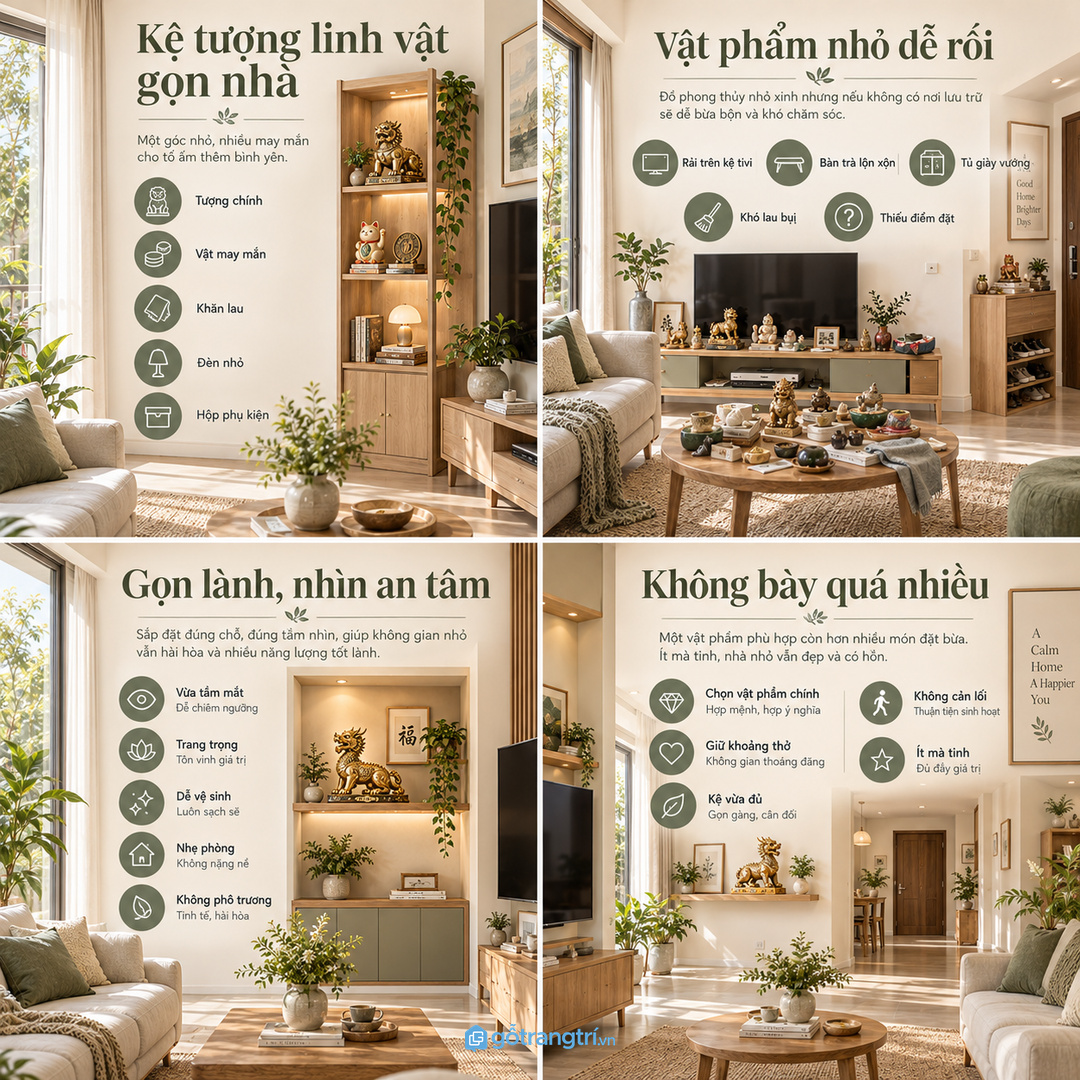 Vật phẩm nhỏ để rải nhiều nơi khiến phòng khách khó gọn và khó lau bụi