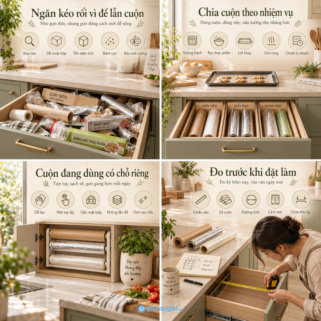 Cuộn giấy để lẫn làm ngăn kéo nhanh rối