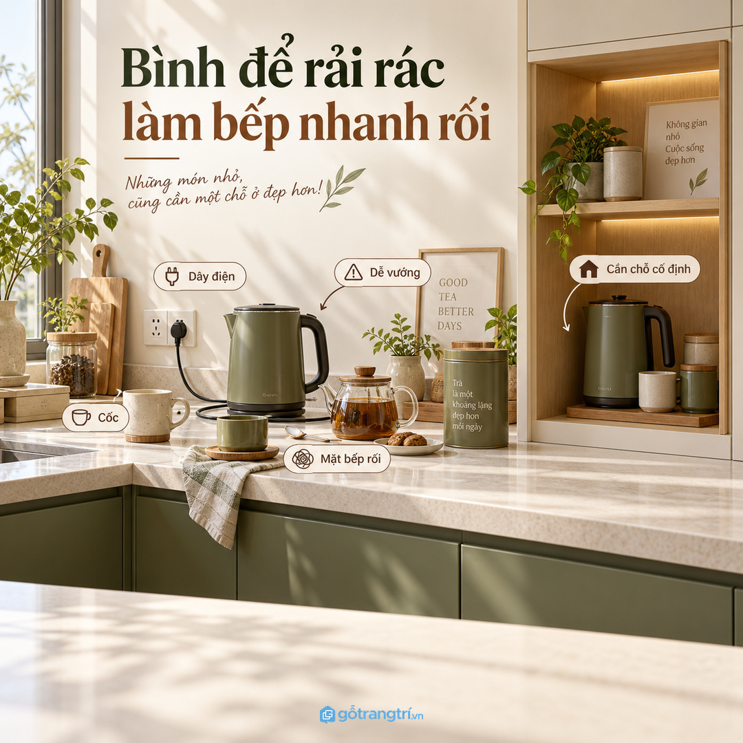 Ấm siêu tốc để rải rác làm mặt bếp nhanh rối và dễ ngã đổ