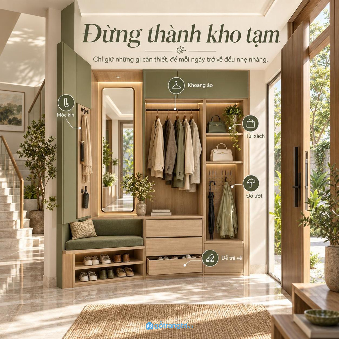 Sảnh biệt thự gọn từ cửa khi áo mũ và túi xách không còn đặt tạm