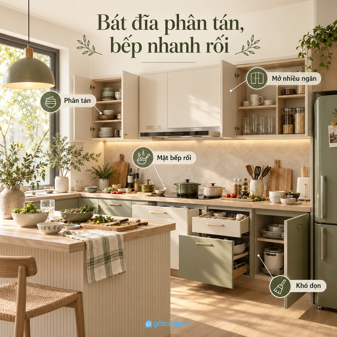 Bát đĩa hay dùng bị phân tán làm bếp nhỏ nhanh rối