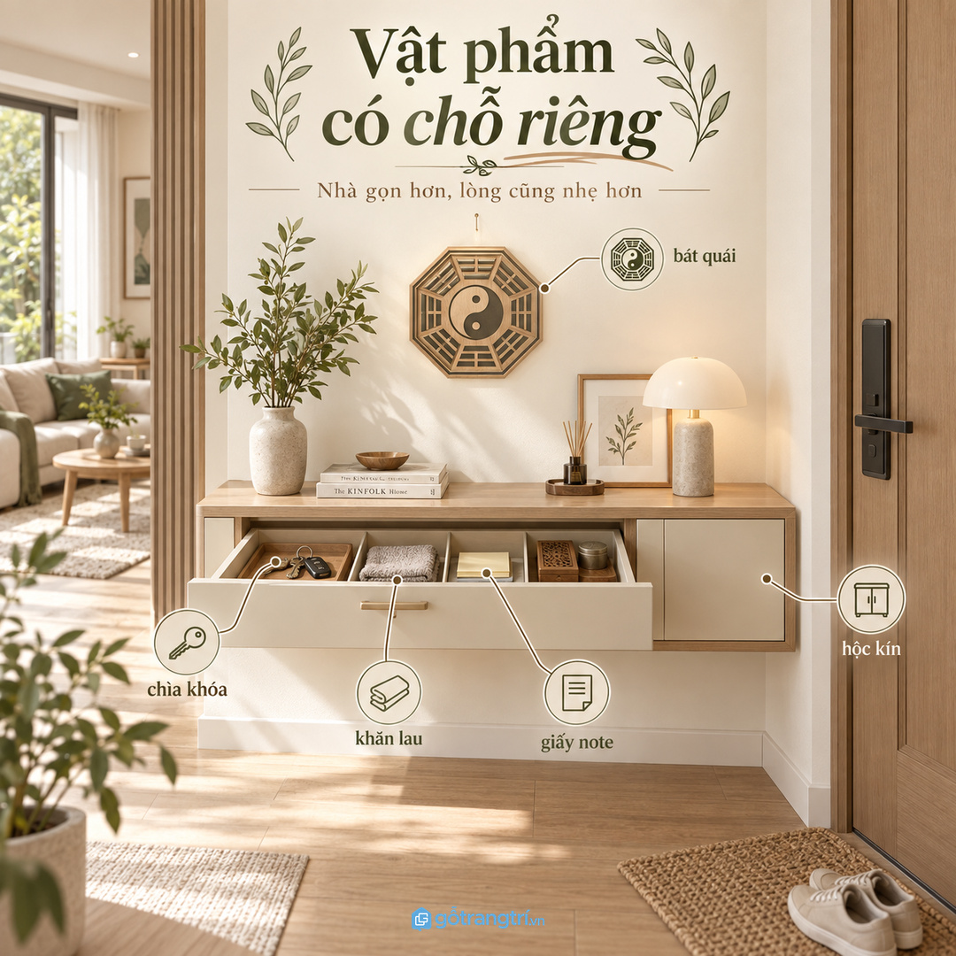 Vật phẩm phong thủy có chỗ riêng giúp lối vào sạch và dễ nhìn hơn