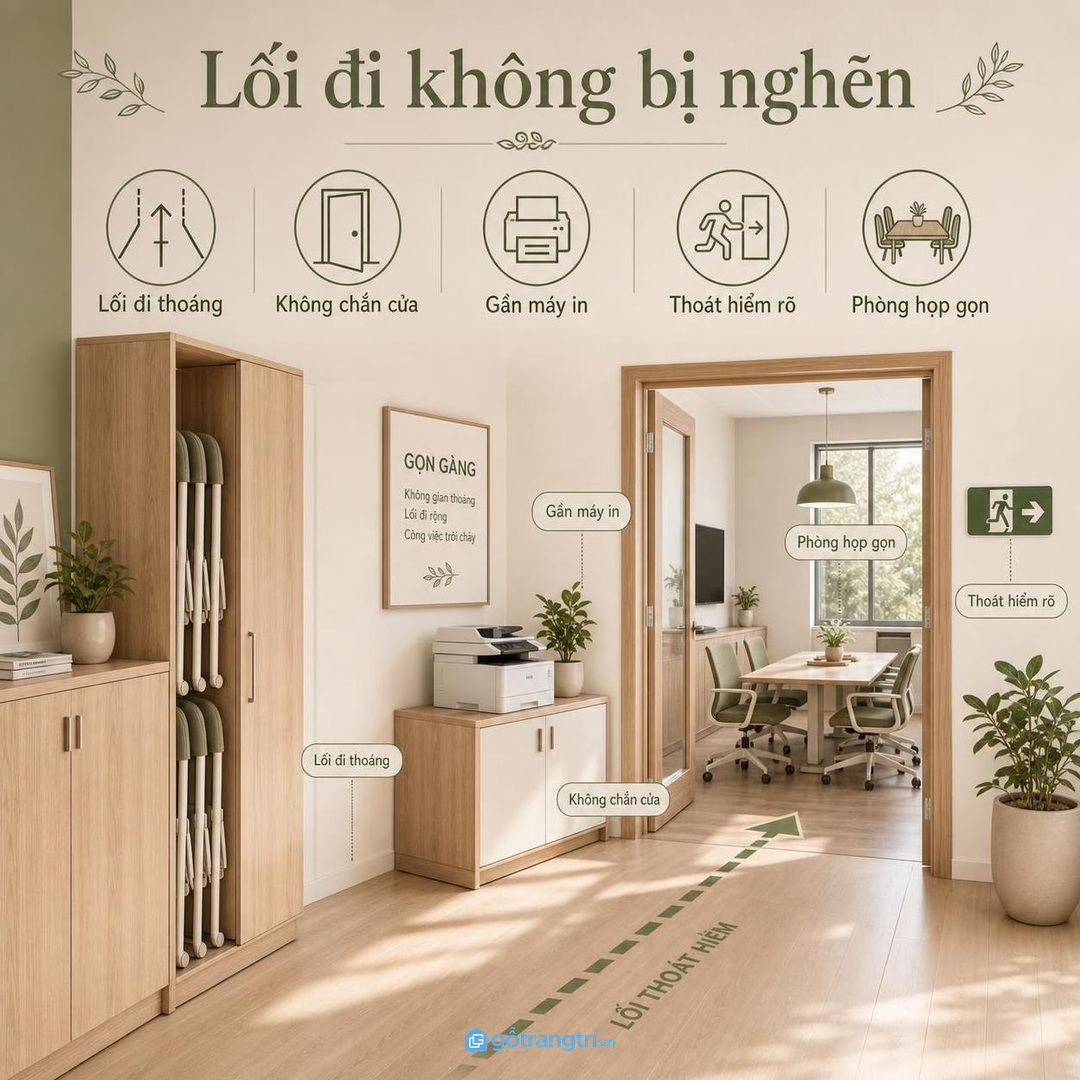 Lối đi không bị nghẽn khi ghế gấp được cất đúng tủ