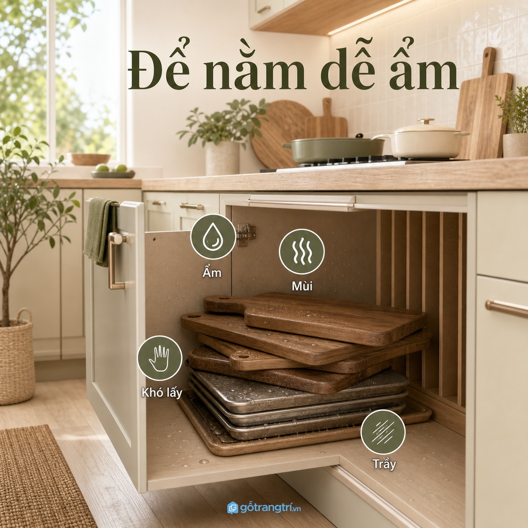Thớt và khay để nằm chồng dễ ẩm, ám mùi và khó lấy