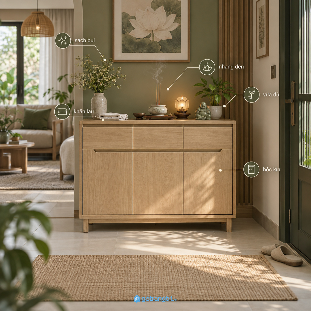 Đồ chăm vật phẩm để rải nhiều nơi khiến góc phong thủy nhanh bụi và khó giữ nếp