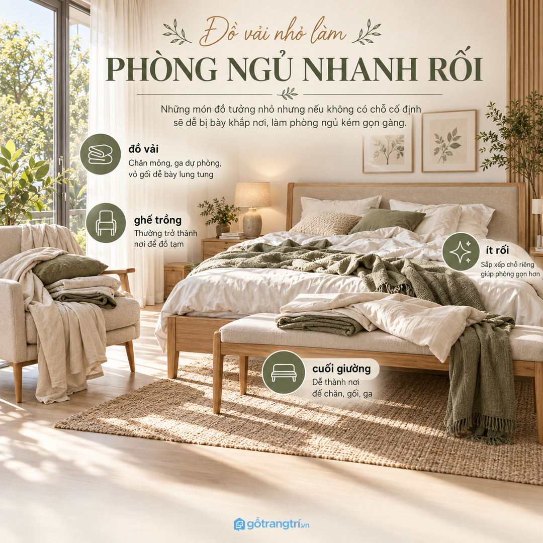 Đồ vải nhỏ làm phòng ngủ nhanh rối nếu để rải trên ghế hoặc cuối giường