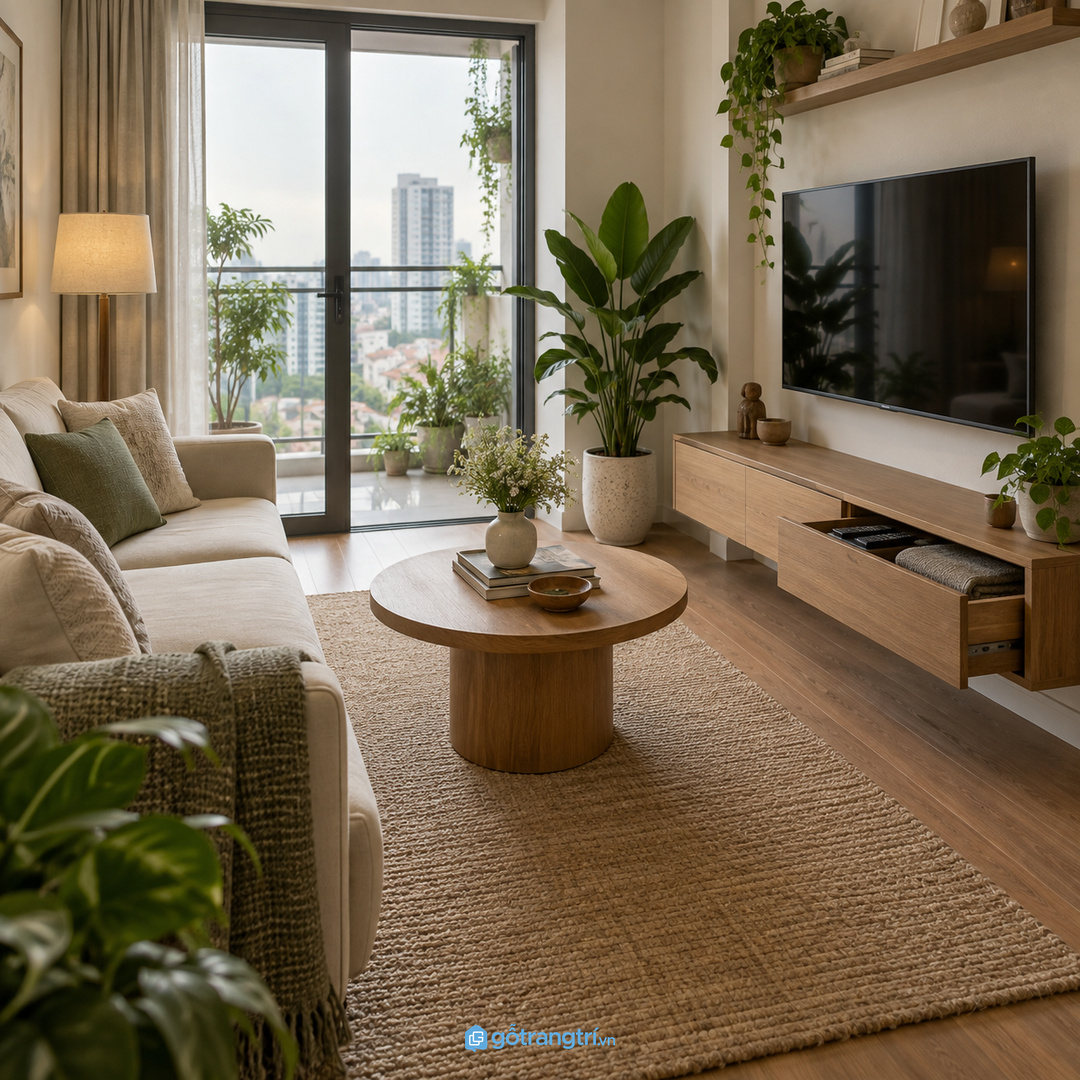 Chăn mỏng và gối ôm để trên sofa làm phòng khách nhanh rối dù đồ không nhiều